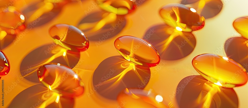 Poster Vitamin E capsules with antioxidants for dietary support showcased on a bright paper background with a soft focus Top view close up with ample copy space image