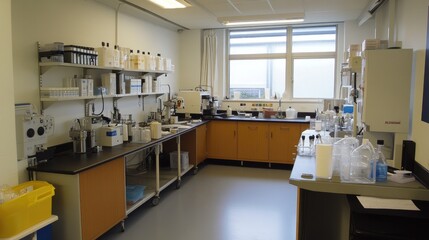 Modern laboratory interior with various scientific equipment, clean workstations, and storage shelves, ready for research and experimentation..