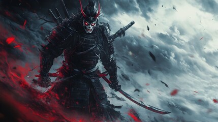 Fototapeta premium Demonic Samurai Warrior Stands Poised in Stormy Chaotic Backdrop,Katana Raised for Epic Battle