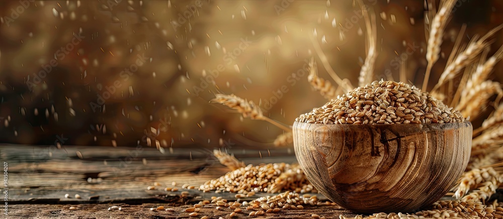 Aufkleber Organic harvest with oat seeds in a wooden bowl and ears on the table creating a rustic display with copy space image