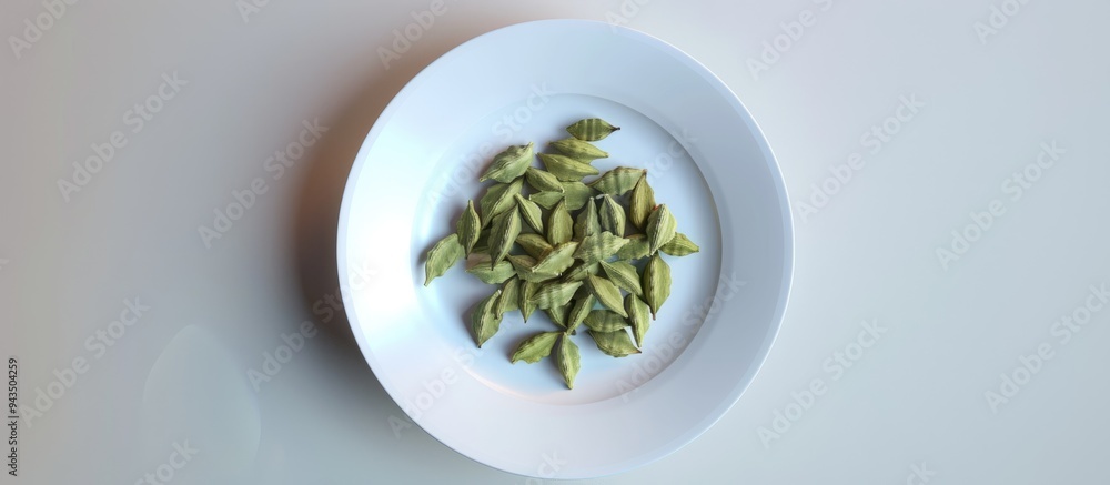 Poster A white plate with green cardamom pods arranged attractively making it a visually appealing copy space image