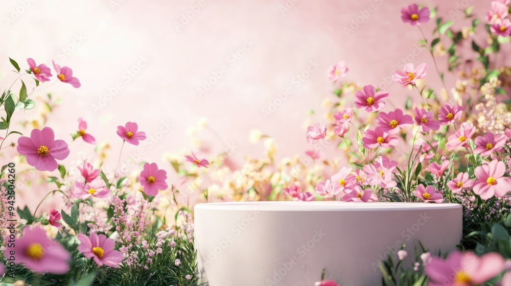 Poster a 3d rendering of a minimalistic beauty podium set in front of a vibrant spring flower field, soft p