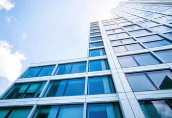 Looking Up modern high-rise office buildings with blue sky in the background, ai