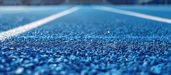 Close up blue sports runway on outdoor sports field displaying abstract lines ideal for a copy space image
