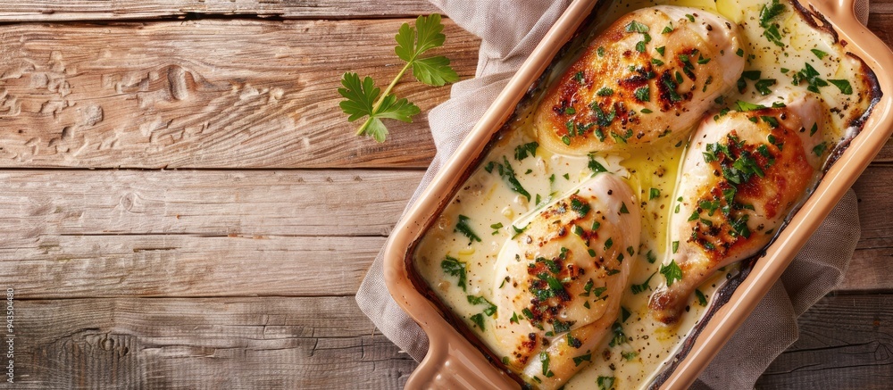 Poster a top down view of a table background displaying a baked chicken breast in creamy garlic sauce offer