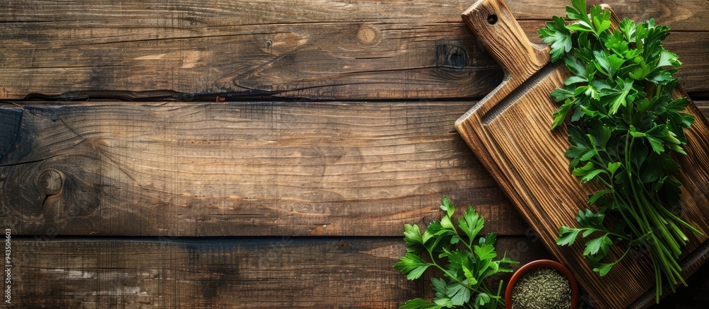 Poster top view of a wooden table with a cutting board cumin and parsley providing copy space for text