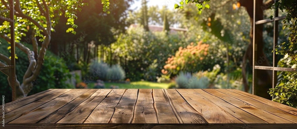 Poster Wooden table providing copy space image against blurred garden view from a home window ideal for showcasing advertising products