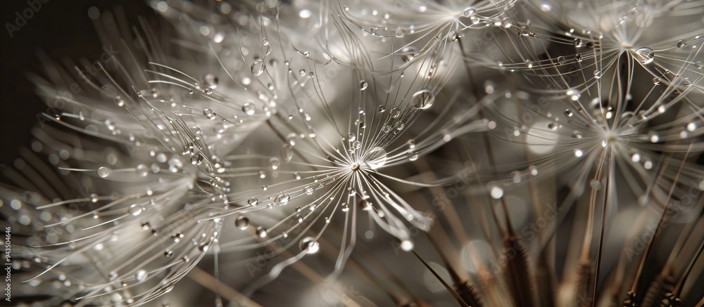 Poster Rain soaked dandelion fluff with water droplets in close up view suitable for a copy space image