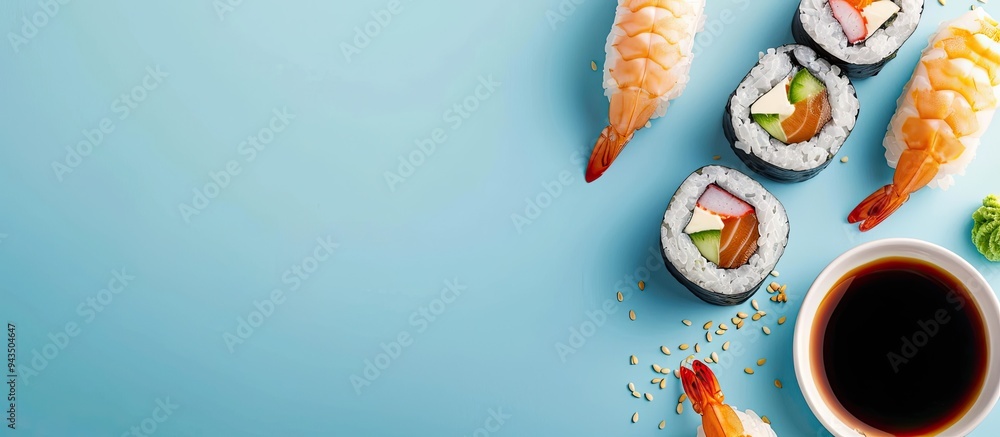 Aufkleber Take out sushi and maki with soy sauce on a blue background showcasing a concept of grab and go meals with copy space image