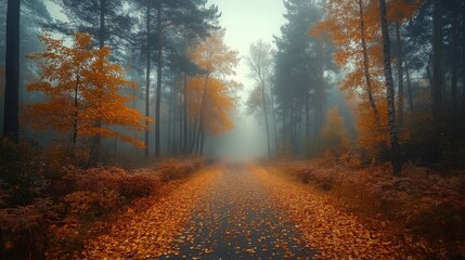Fototapeta premium Foggy autumn morning in a tranquil forest with colorful leaves lining the path
