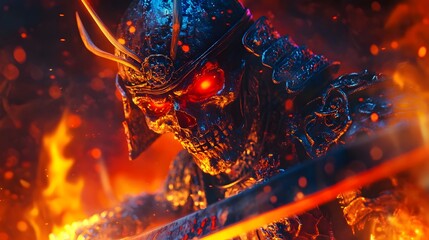 Demonic Samurai Warrior Wielding Glowing Katana Amidst Fiery Inferno