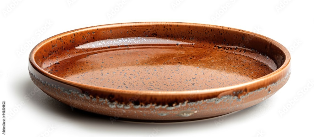Poster New empty brown ceramic tray with clipping path isolated on white background for copy space image