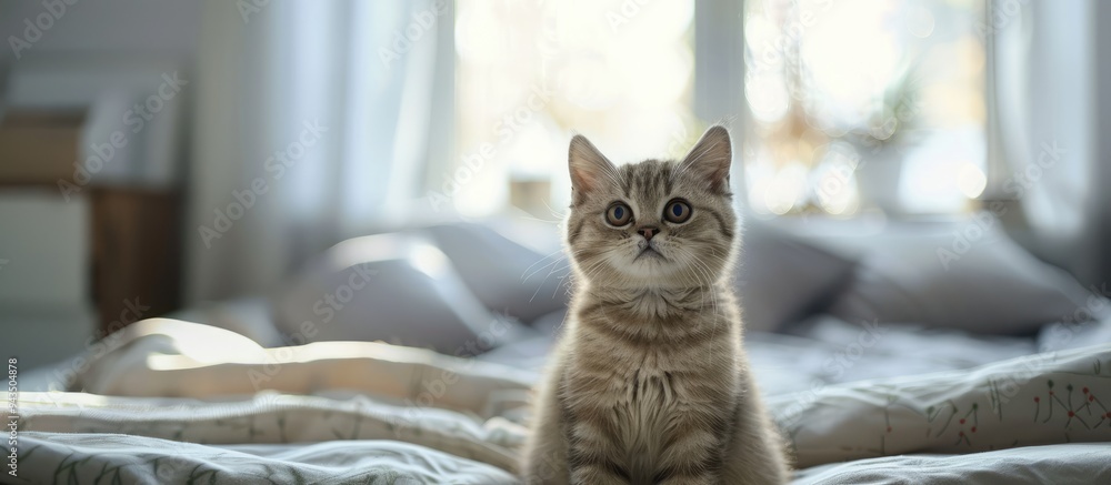 Aufkleber a cute british shorthair cat with brown eyes is sitting on a bed facing the camera in a front view s