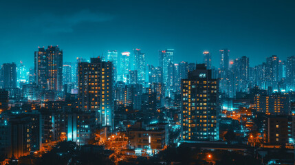 City skyline at night with illuminated buildings