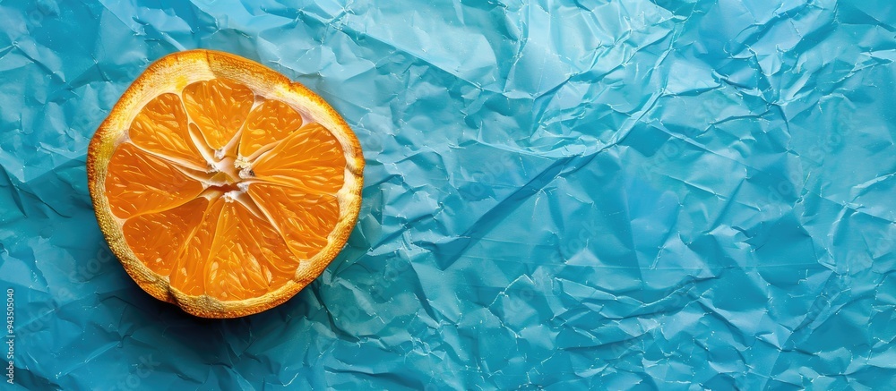 Aufkleber Conceptual symbol of a healthy diet with a message on orange paper against a blue background featuring copy space image