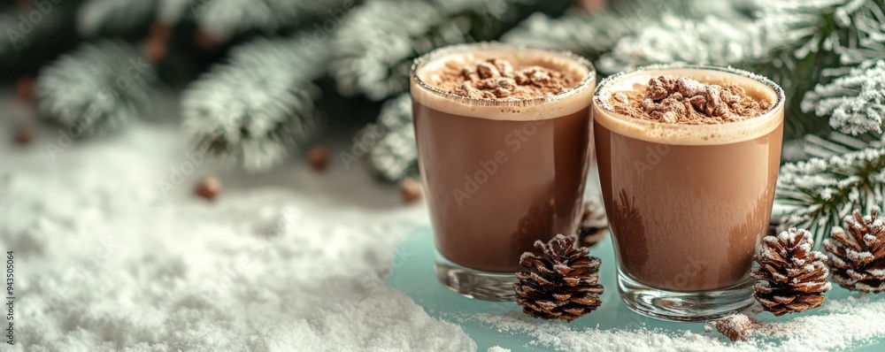 Wall mural hot chocolate on a frosted glass table, with snow-covered pine branches in the background, [hot choc