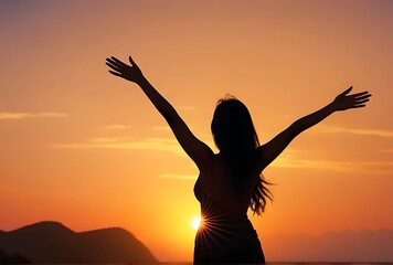 Fototapeta premium silhouette woman open arms sunset