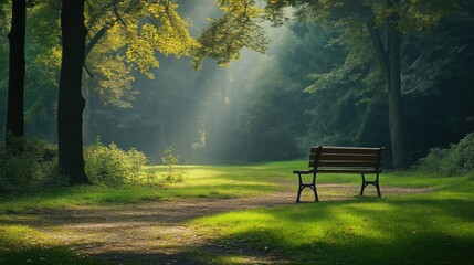 Sunlit Park Bench Surrounded by Greenery