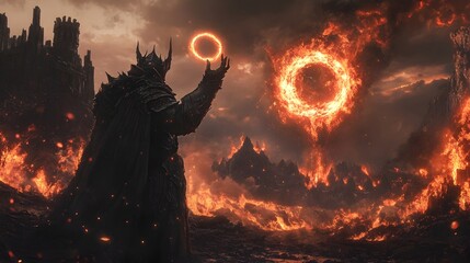 A Dark Lord Raises a Glowing Ring Amidst a Fiery,Apocalyptic Landscape