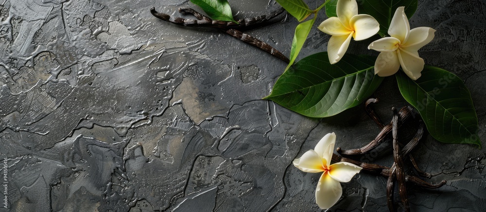 Leinwandbilder top view of vanilla pods leaves and flowers on a textured grey table with a designated area for text