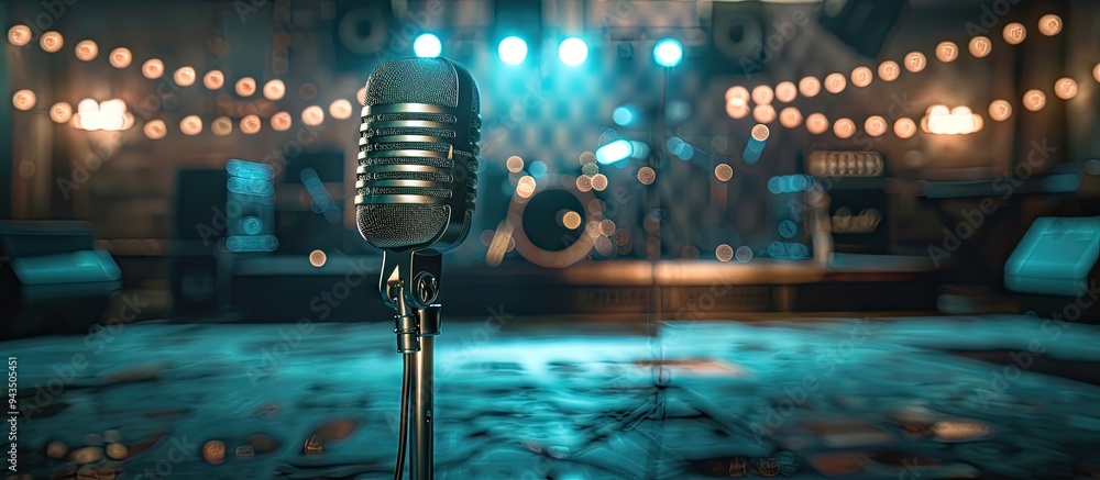 Aufkleber A modern stage set up with instruments and a microphone in the foreground ready for musicians to perform orchestra music themed around entertainment and concerts with copy space image