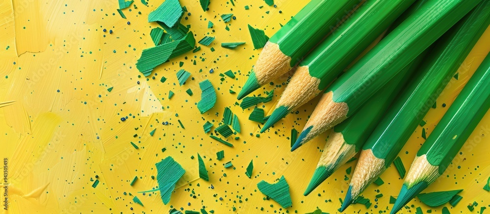 Poster close up of green pencils and shavings on a yellow background with copy space image
