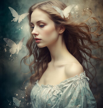 A double exposure of a woman with flowing hair surrounded by ethereal butterflies set in a dreamlike landscape at twilight