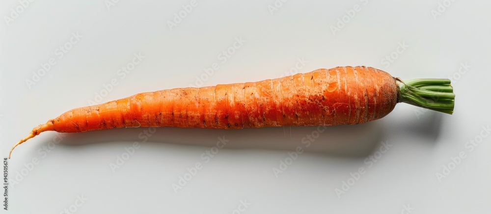 Poster Isolated on white background with clipping path top view of a single orange carrot is featured in a copy space image
