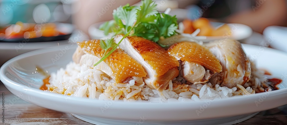 Aufkleber plate with chicken rice in a restaurant showing empty copy space image