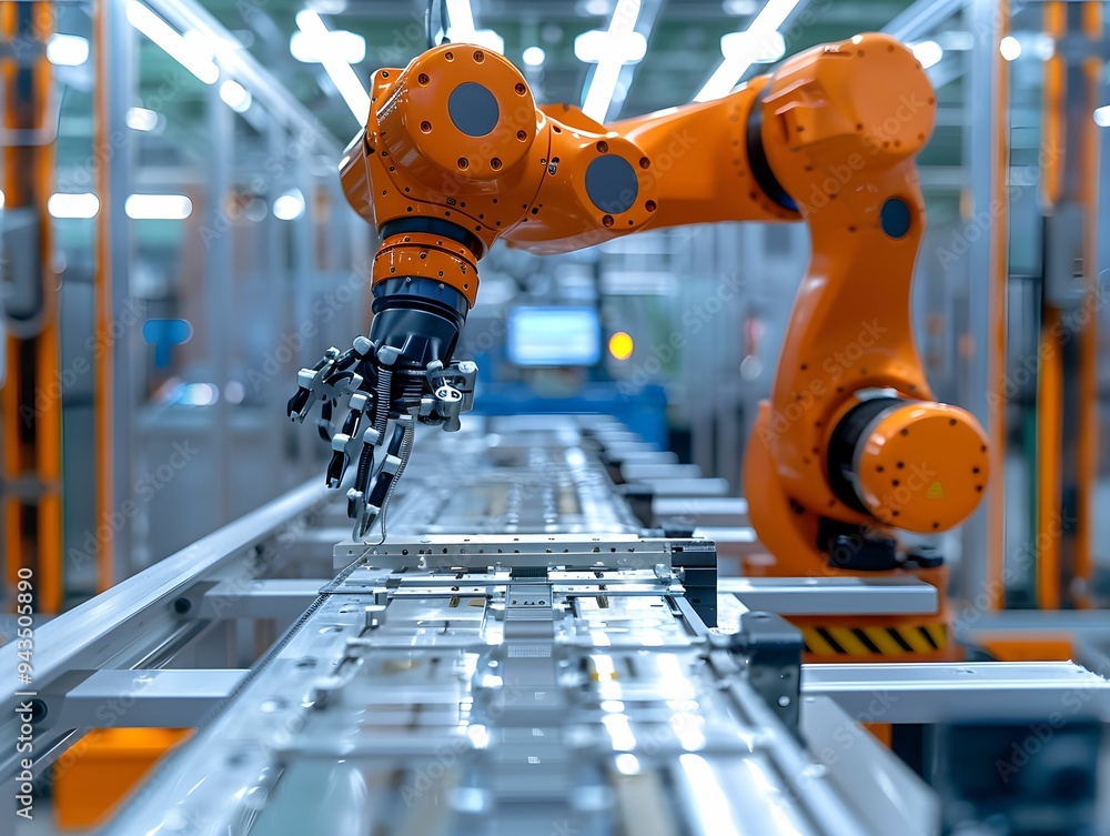 Poster automated industrial robot working on an assembly line in a manufacturing facility during daytime op
