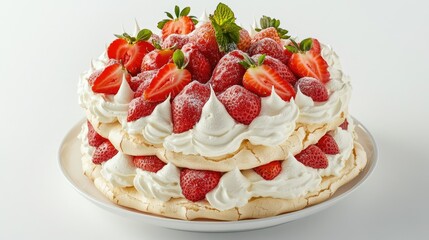 A beautifully decorated Pavlova with layers of meringue, mascarpone, and strawberries, displayed on a white background