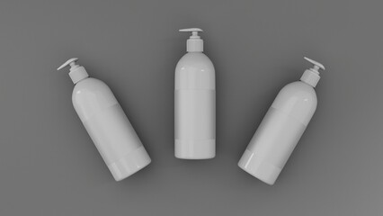 Blank white cosmetic bottle mockup, three blank bottles with dispenser on grey background. 3D rendering illustration