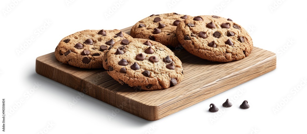 Leinwandbilder sweet cookies with chocolate chips displayed on a wooden board set against a white background creati