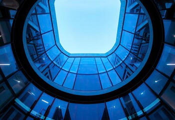 Obraz premium Looking Up modern high-rise office buildings with blue sky in the background, ai