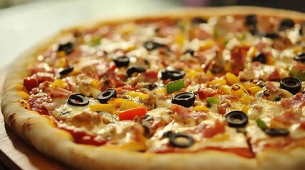 A freshly baked pizza topped with a variety of vibrant vegetables, including olives, bell peppers, cherry tomatoes, broccoli, and mushrooms, served on a wooden board..