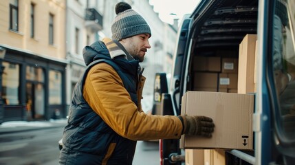 A delivery worker in winter clothing loads packages into a van on a cold day, showcasing the dedication and resilience of delivery services in all weather conditions..