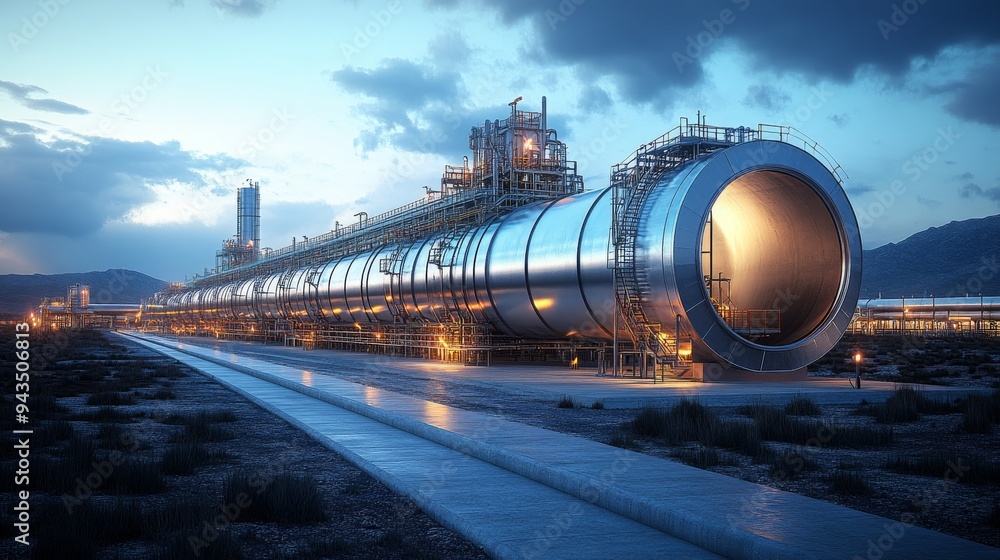Poster a large pipeline system is positioned in a desert area, capturing resources as dusk sets in, highlig