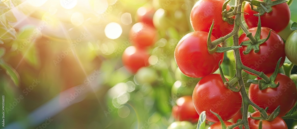 Poster A close up photo of fresh organic tomatoes growing on a vine at a local farm providing a background with ample copy space for text