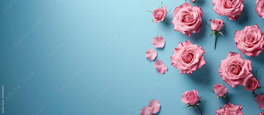 Poster image showcasing pink roses scattered on a blue backdrop creating a design with available space for 