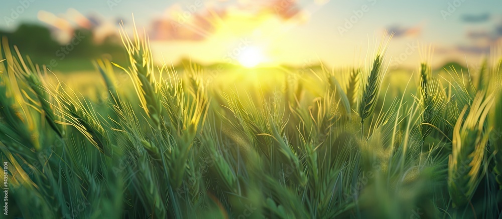 Aufkleber sunset illuminating lush green wheat field with copy space image