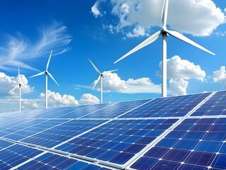 A bright day with solar panels and wind turbines harnessing renewable energy against a vibrant blue sky