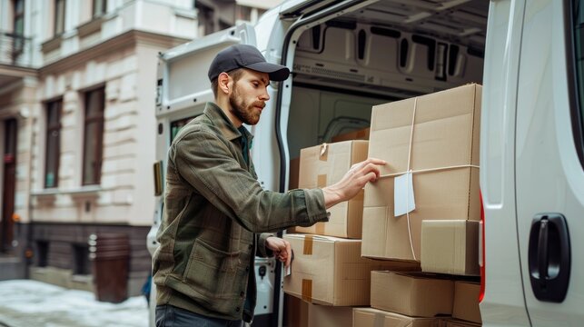 A delivery worker in winter clothing loads packages into a van on a cold day, showcasing the dedication and resilience of delivery services in all weather conditions..