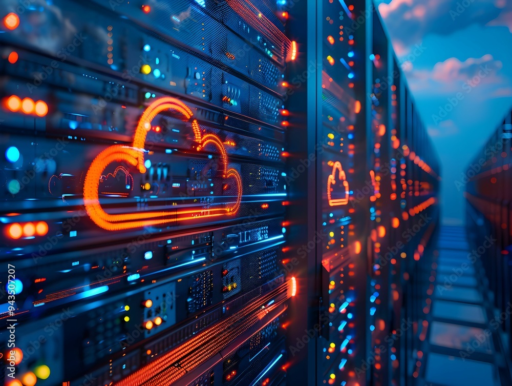 Poster modern data center showcasing illuminated servers and cloud technology during twilight hours