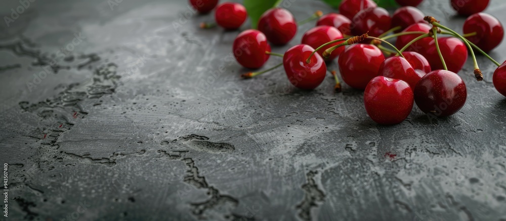 Poster gray stone table with cherries copy space image