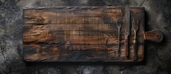 A rustic wooden cutting board sits on a dark concrete backdrop with cutlery ready for dinner prep allowing for creative copy space image