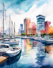 Vibrant watercolor marina scene with boats and modern buildings