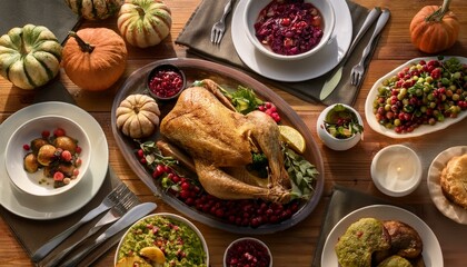 Outdoor Thanksgiving Gathering: A Festive Feast with Turkey, Cranberry Sauce, and Autumn Harvest. Generative AI.
