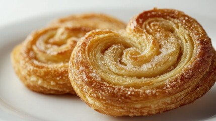 Fototapeta premium A close-up of a palmieraes layers and sugar crust, resting on a white plate against a completely white background, emphasizing the fine details of the pastry