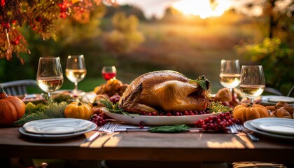 Experience an Al Fresco Thanksgiving Dinner: Turkey and Seasonal Dishes in a Cozy Outdoor Setting. Generative AI.