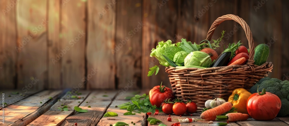 Poster Wooden background with a variety of fresh vegetables displayed in a basket creating a rustic copy space image